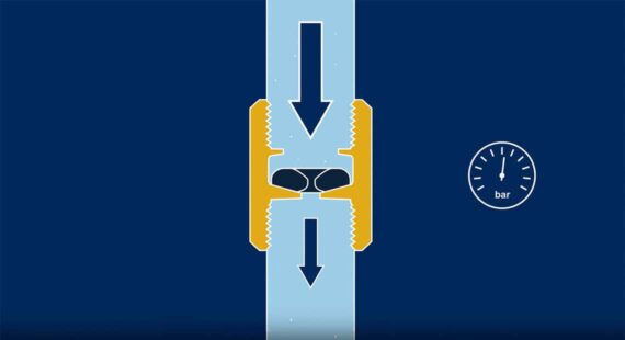 Mechanical flow regulator at high pressure — O-ring compresses to maintain constant flow rate