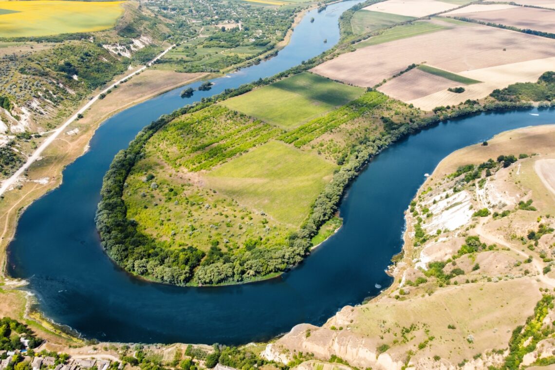 Aerial drone view of a natural river landscape