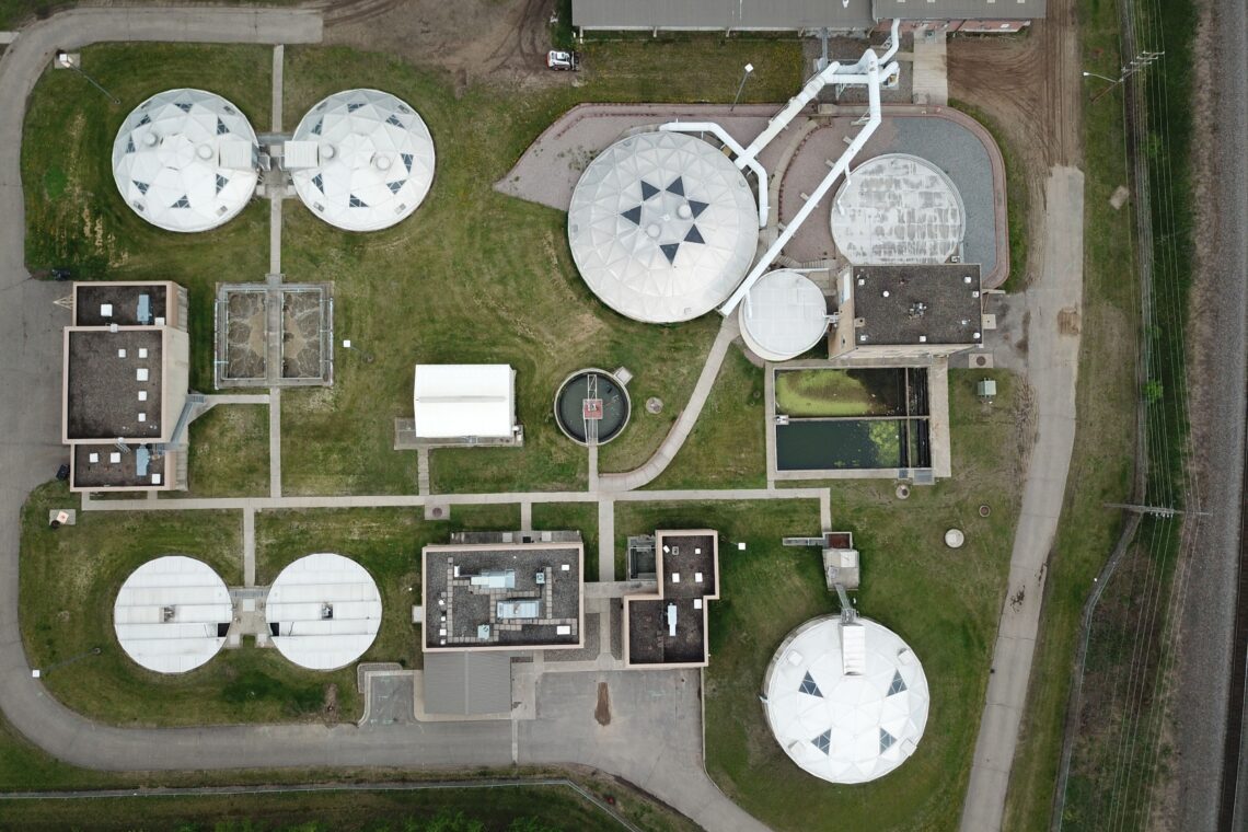 Aerial view of a water treatment and desalination facility